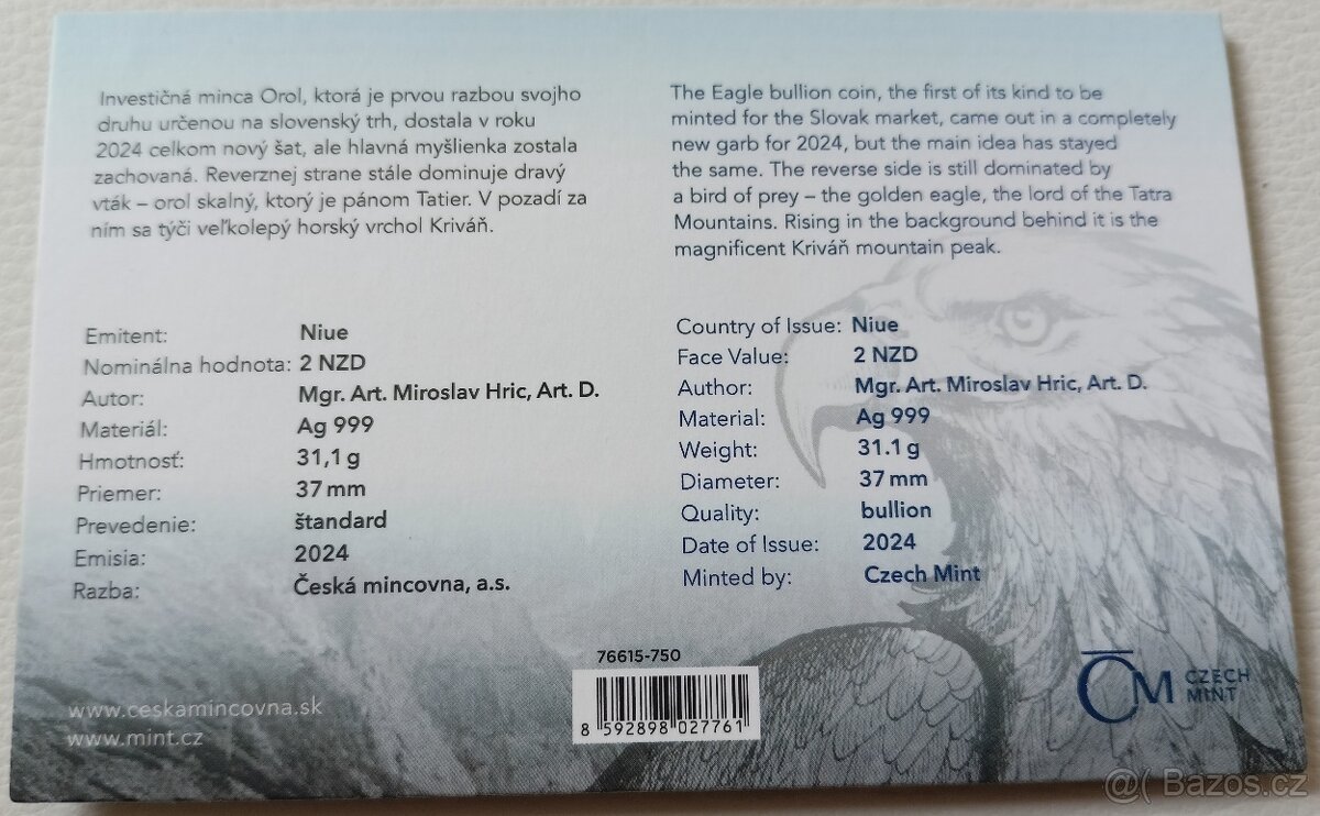 Stříbrná 1 oz investiční mince Orel 2024 č. 787 - 2