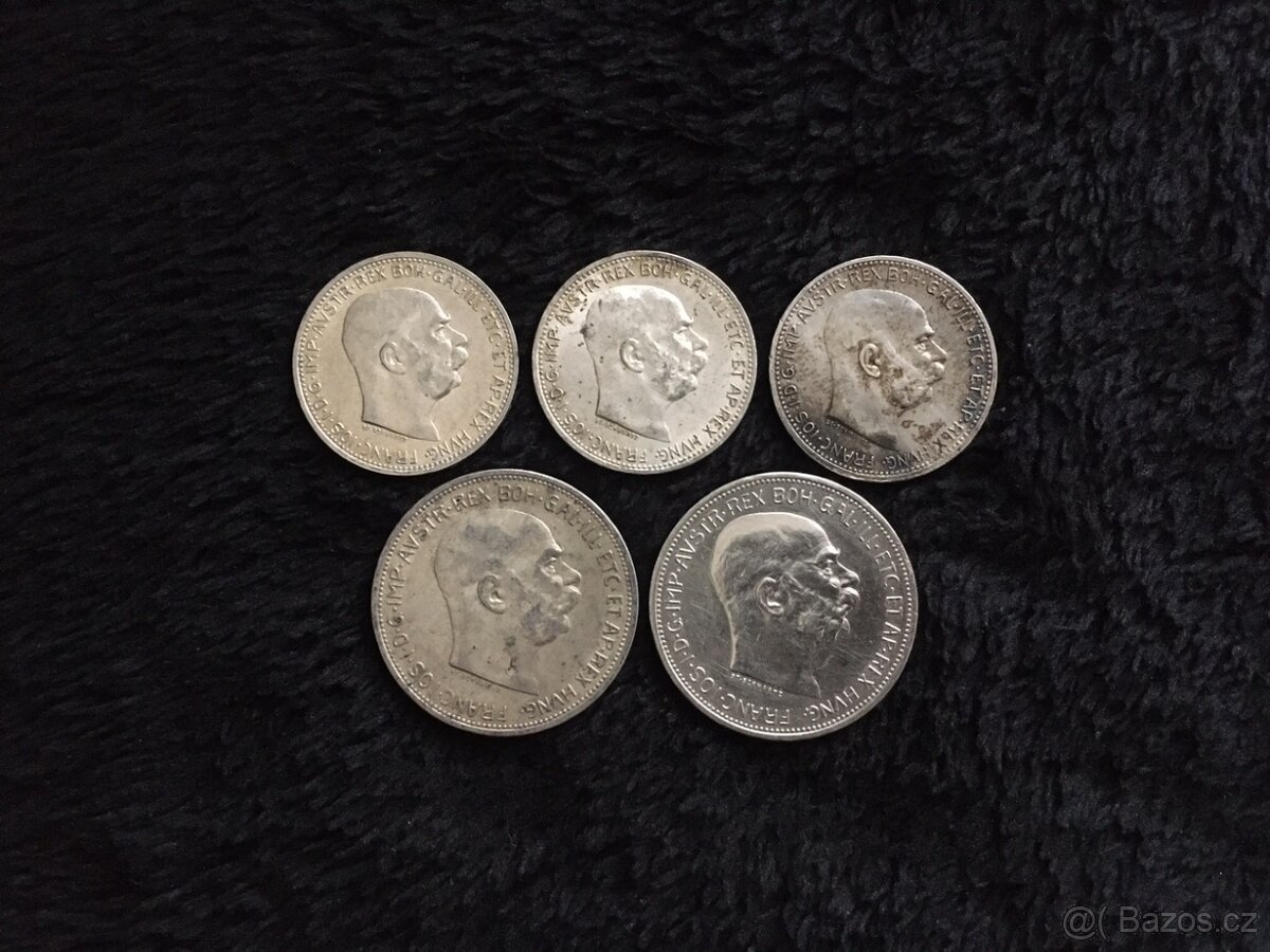 5 kusů stříbrných 1 a 2 korun RU F.J.I., každá mince jiná - 2