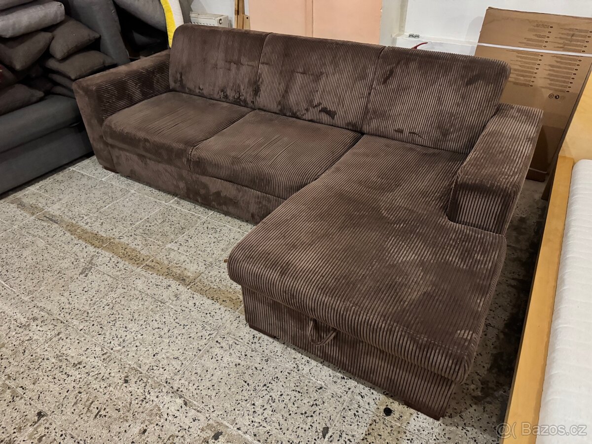Hezká hnědá Rozkládací rohová sedací souprava manšestr - 2