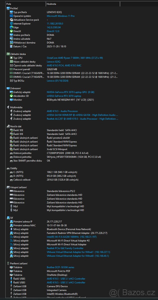 Lenovo Legion 5 Pro 16ACH6H /Ryzen7,RTX3070,32GB, 3TB SSD/ - 2