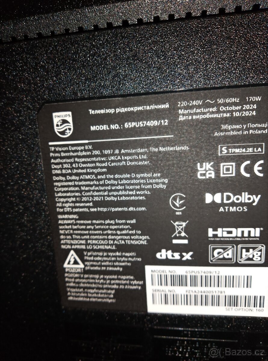 Prodám televizí značky Philips 165cm 65" - 2