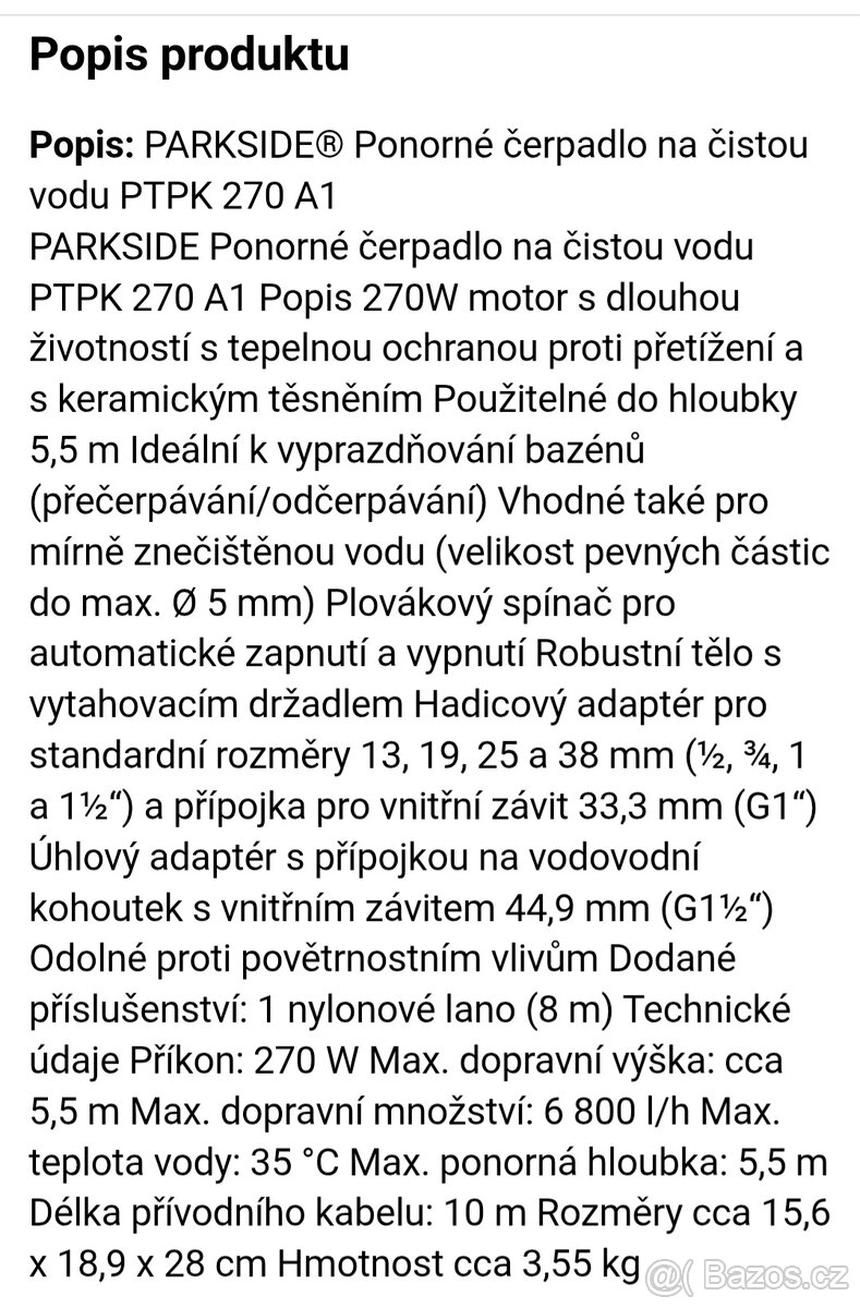 Elek. ponorné čerpadlo parkside PTPK 270W - 2