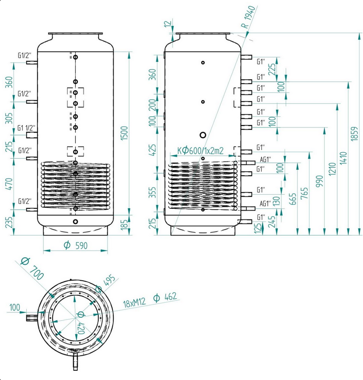 Akumulační nádrž 650l MT1, d700 s přírubou a výměníkem - 2