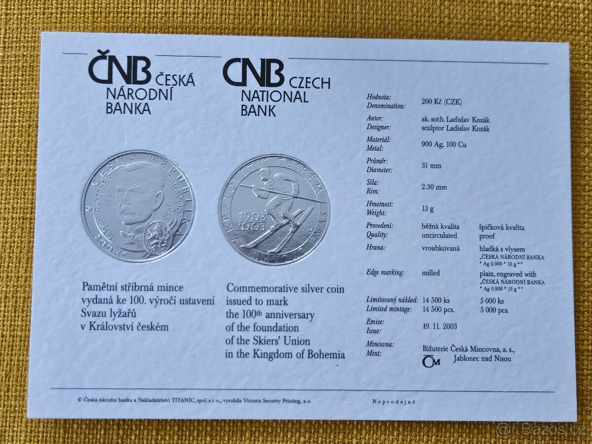 200 Kč 2003 Svaz lyžařů PROOF - stříbrná mince - 2