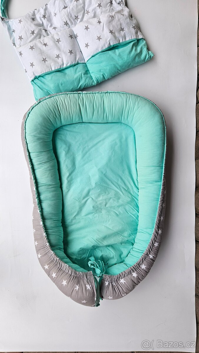 Hnízdečko a kapsář - hvězdičky, mint, šedá, bílá - 2