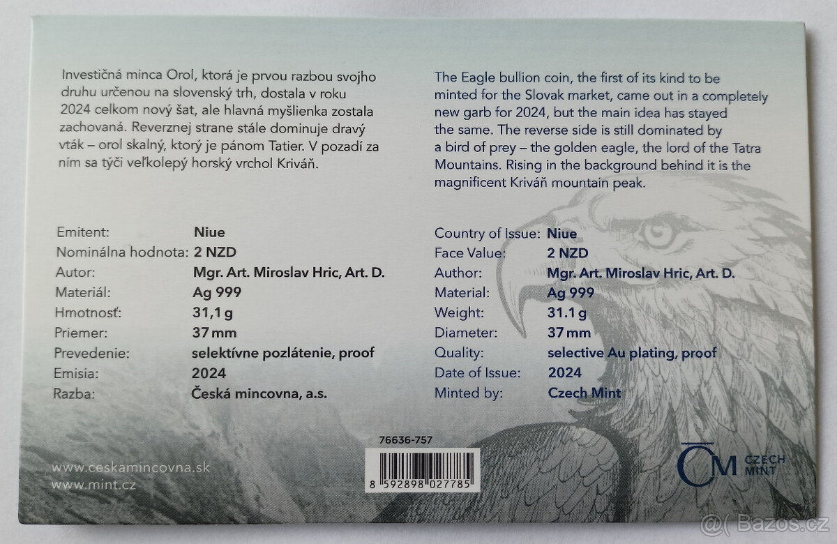 Stříbrná mince Orel 2024 selekt. pokov Au proof - 2
