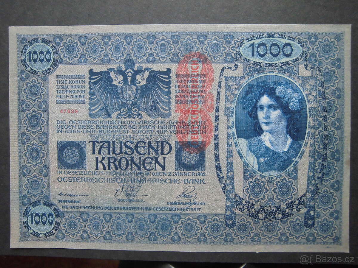 Bankovky Rakousko-Uhersko "1000K" "1K bez přetisku" - 2