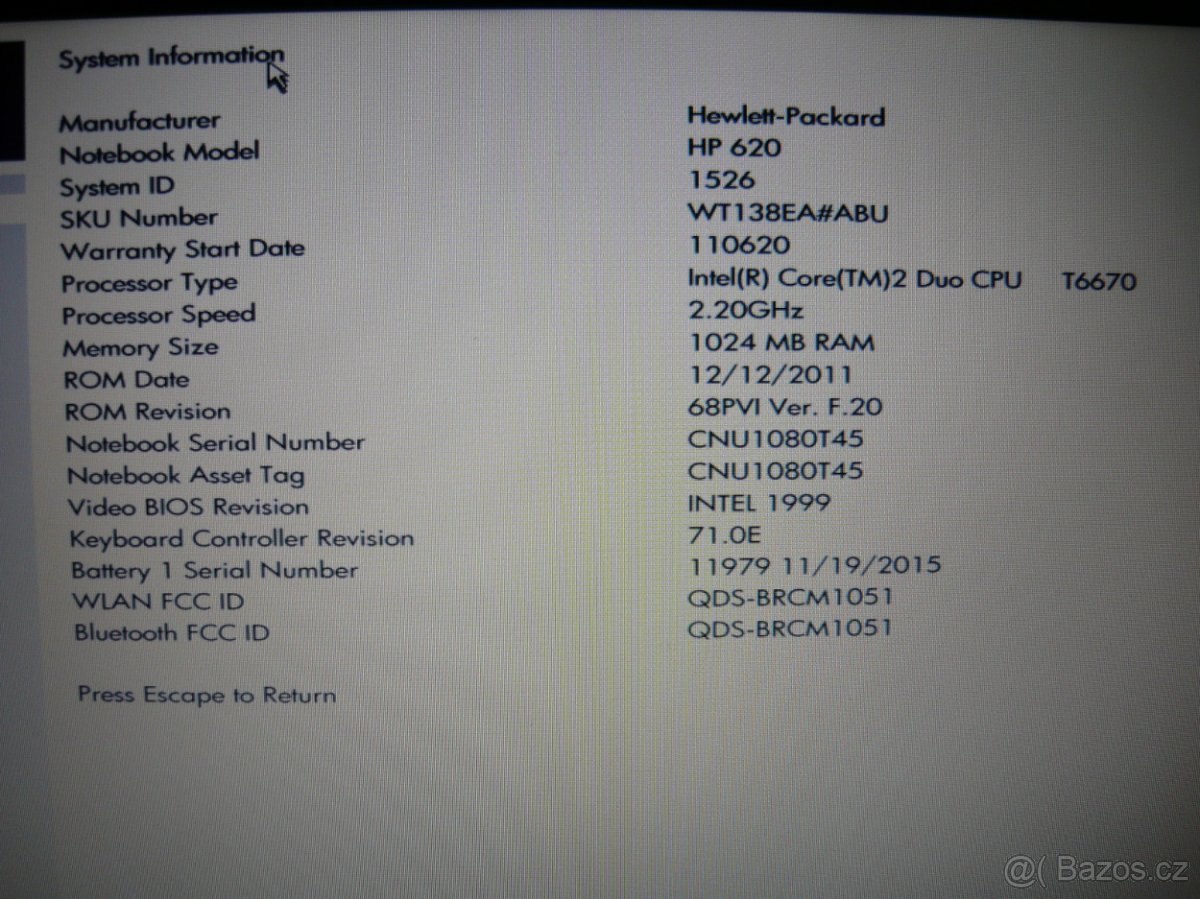 HP 620 - na nahradni dily - 2