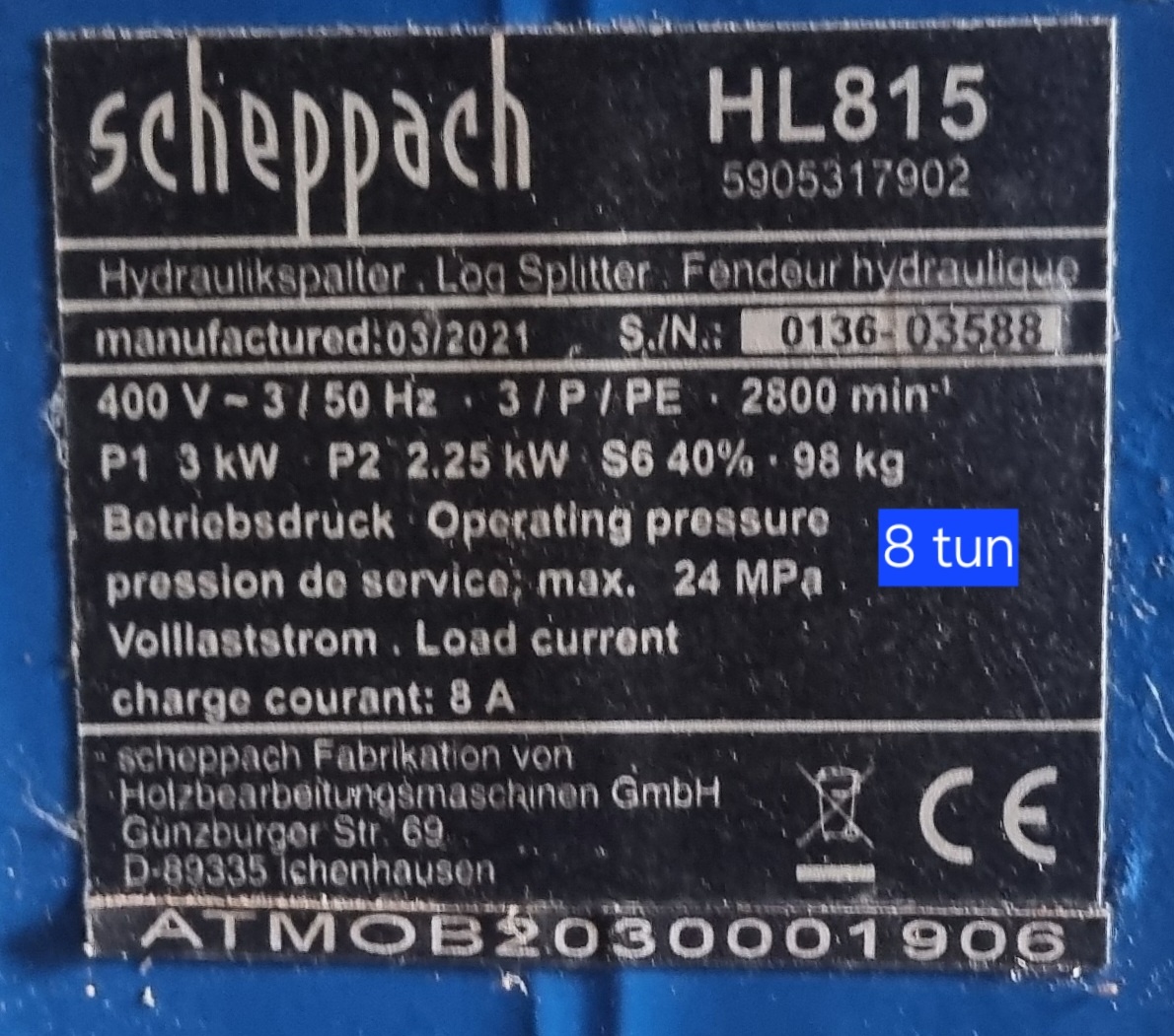 Štípačka na dřevo SCHEPPACH HL815 8t, pr.40 cm v.55cm - 2