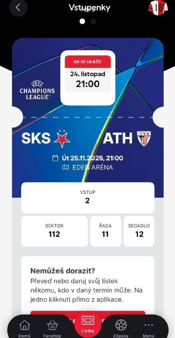 Prodám 3 vstupenky na zápas Slavia Praha vs. Athletic Bilbao - 2
