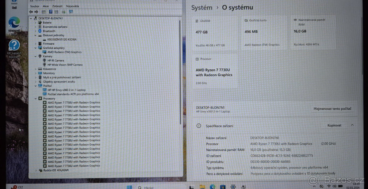 HP, Ryzen 7-7730U 8/16x 4,50GHz, 16GB DDR4, 512GB SSD, 6hod. - 2