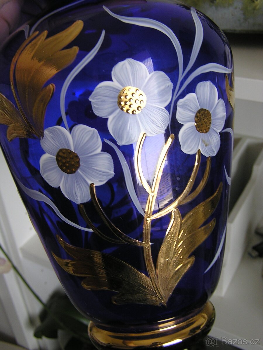 váza modré sklo malovaná - 2