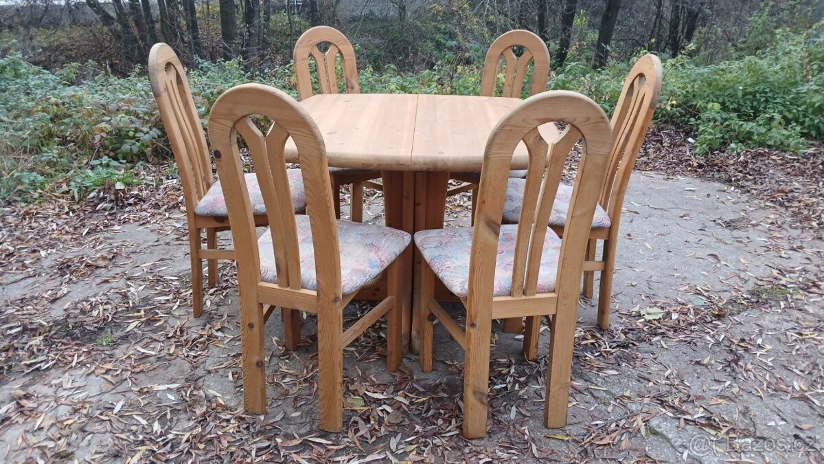 Rustikální masivní rozkl.stůl+6židlí - 2