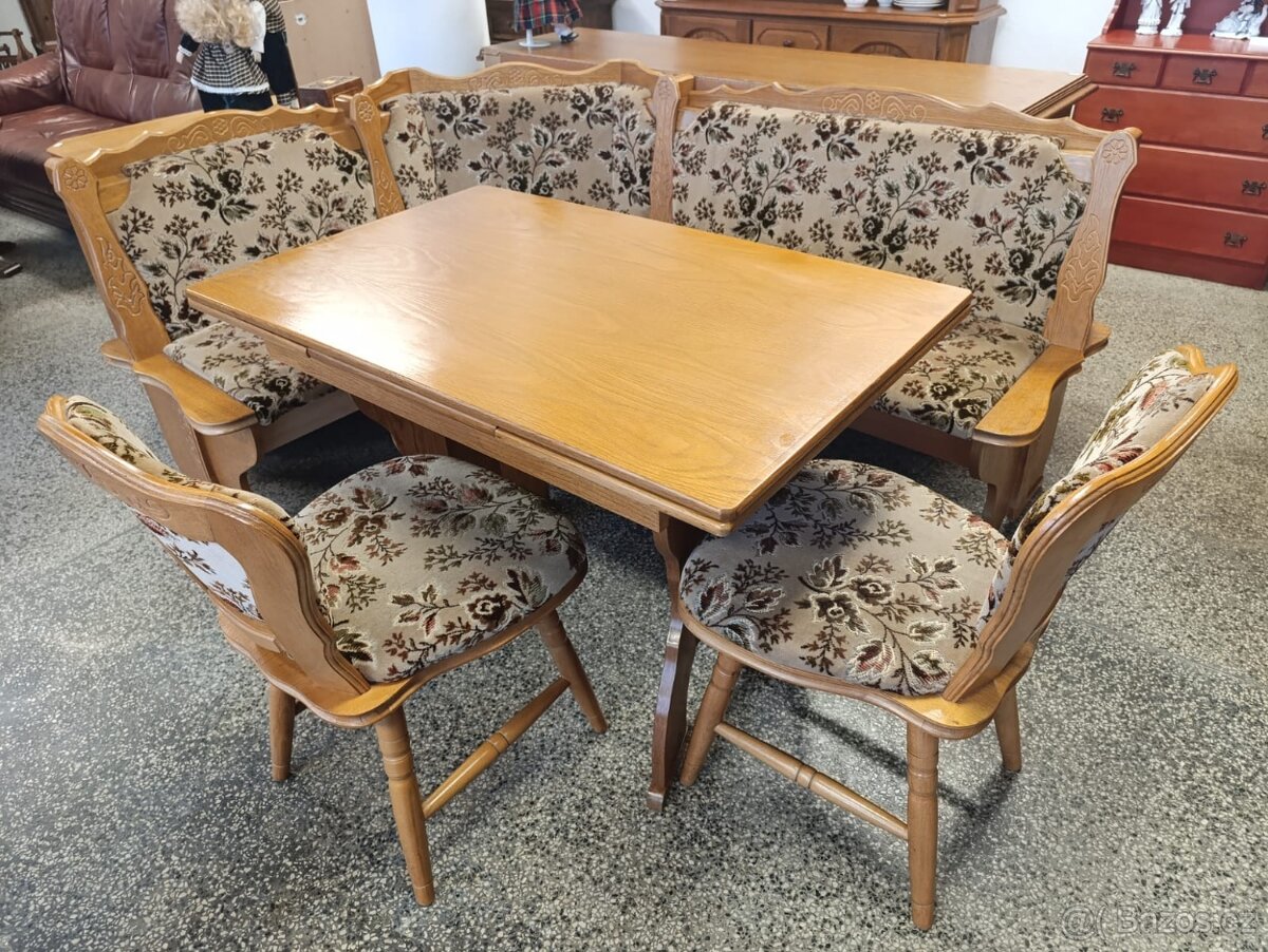 Rustikální jídelní set, stůl, 2 židle, lavice, masív - 2
