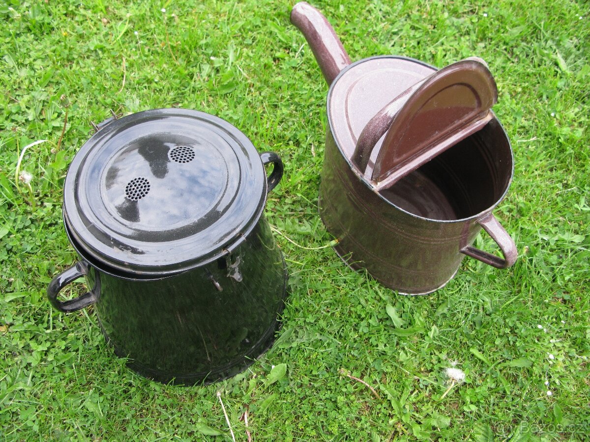 starožitný smaltovaný hrnec na sádlo, smaltovaná konev - 2