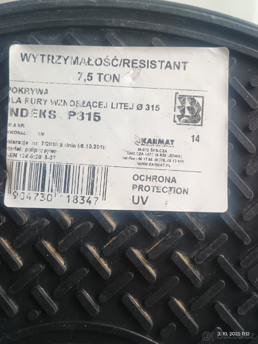 Víko šachy revizní pojízdné Poklop DN 315/A15 7,5t - 2