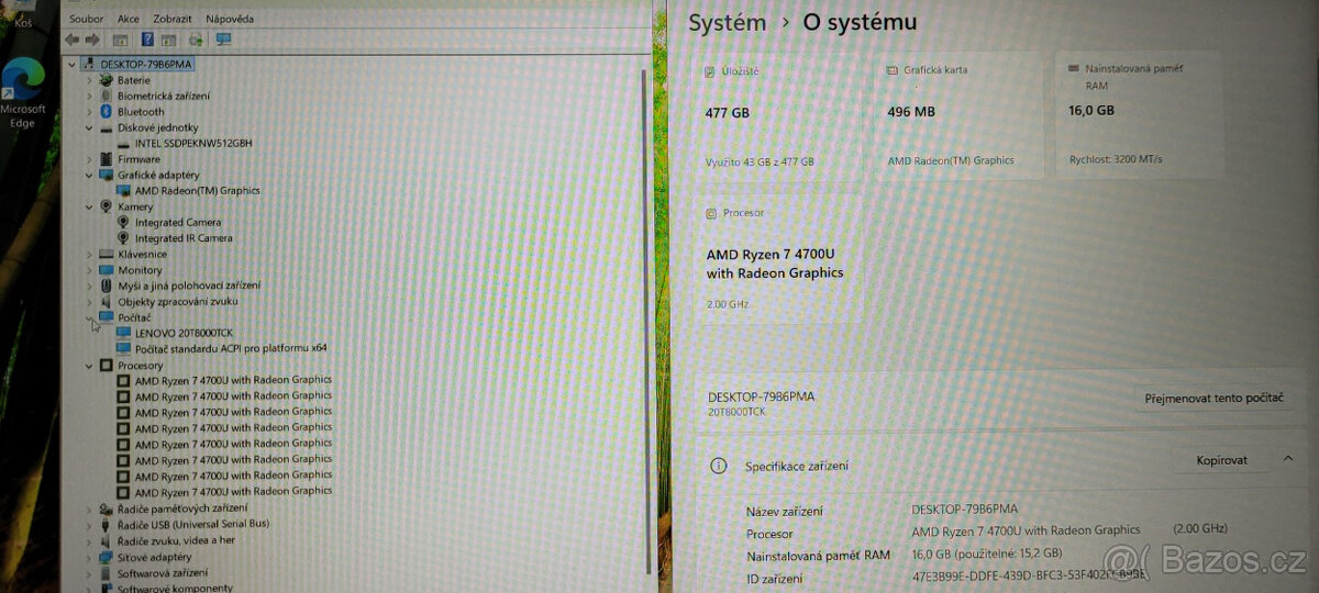 Lenovo, Ryzen 7 4700u 8x 4,10GHz, 16GB DDR4, 512GB SSD, 5hod - 2
