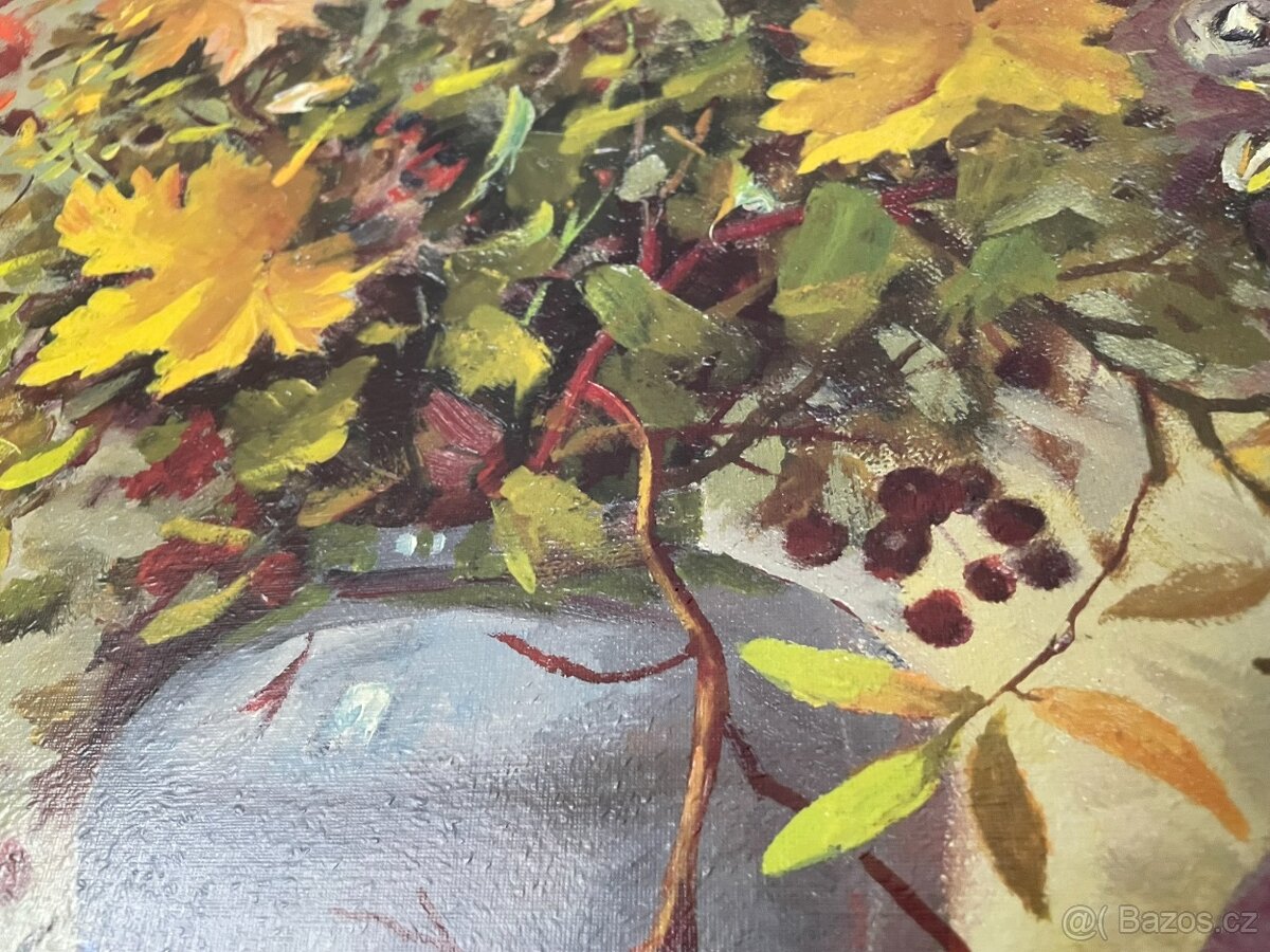 Obraz Zátiší - s květinami, ovocem a skleněnou nádobou - 2