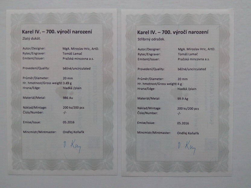 SADA ZLATÝ DUKÁT A STŘÍBRNÝ ODRAŽEK KAREL IV. BK - 2