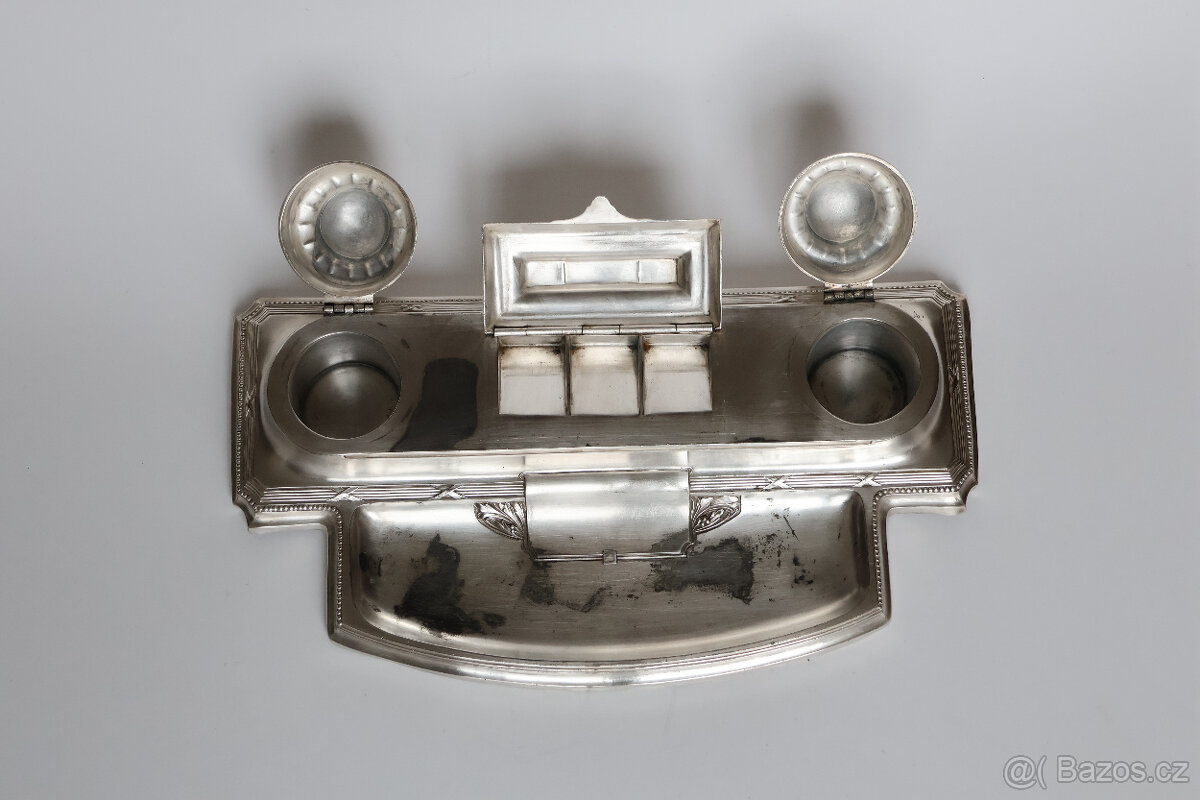 luxusní secesní kalamář, postříbřený starožitný - 2