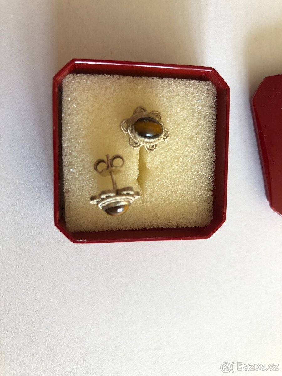 Náušnice s hnědým kamínkem (tygří oko), stříbrné - 2