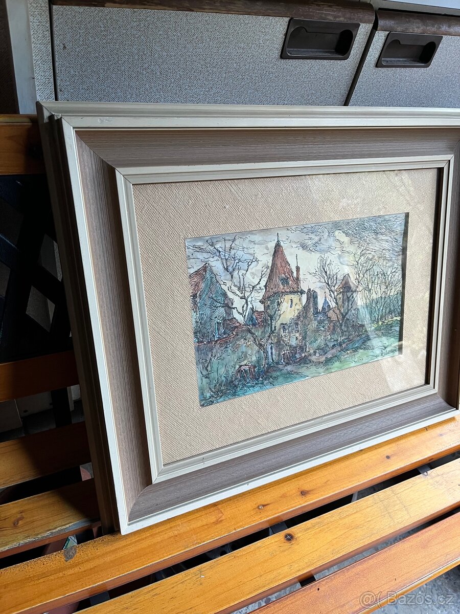 Originální Kresba/Akvarel Hradní Věž Schuster '94 - 2