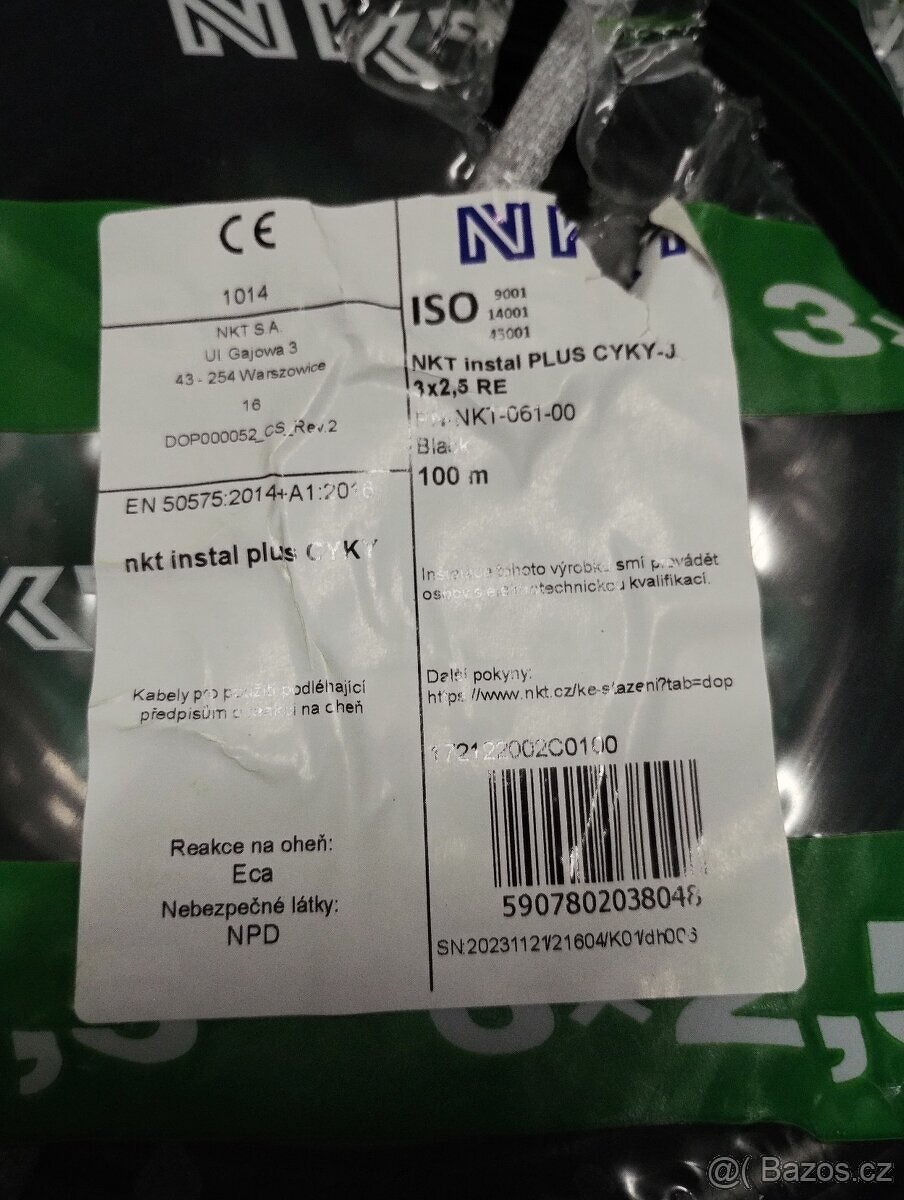 Prodám kabely NKT instal PLUS CYKY-J 3x2,5 RE - kruh 100 - 2