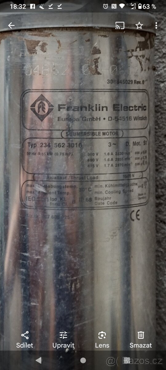 Prodám ponorné čerpadlo Franklin Electric Typ 234 562 3016 - 2