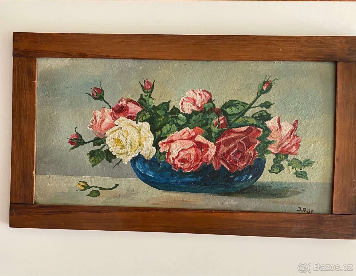 Obrázek Růže v modré míse. Signováno - 2