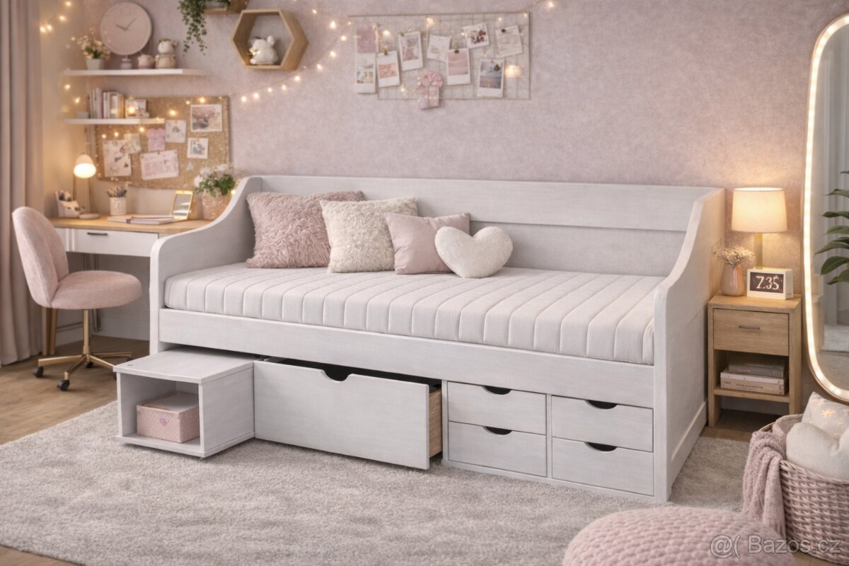 Multifunkční postel z masivního dřeva bílá NOVÁ - 2