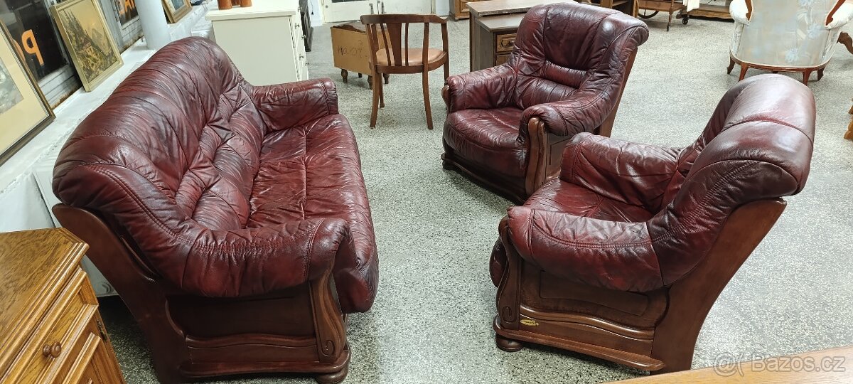 Kožená sedací souprava, pohovka, 2 křesla, masív - 2