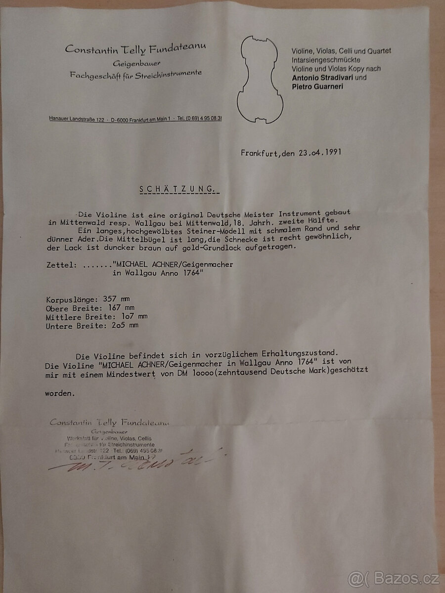 Housle vyrobené od Michael Achner v r. 1764 Mittenwald - 2