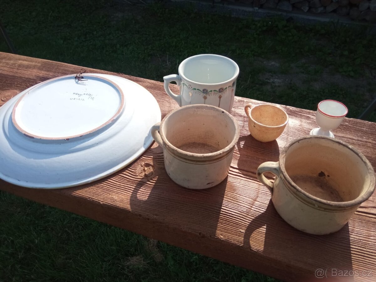 Hrníčky,talíř malov.r.1937,kalíšek na vajíčko,keramika,retro - 2