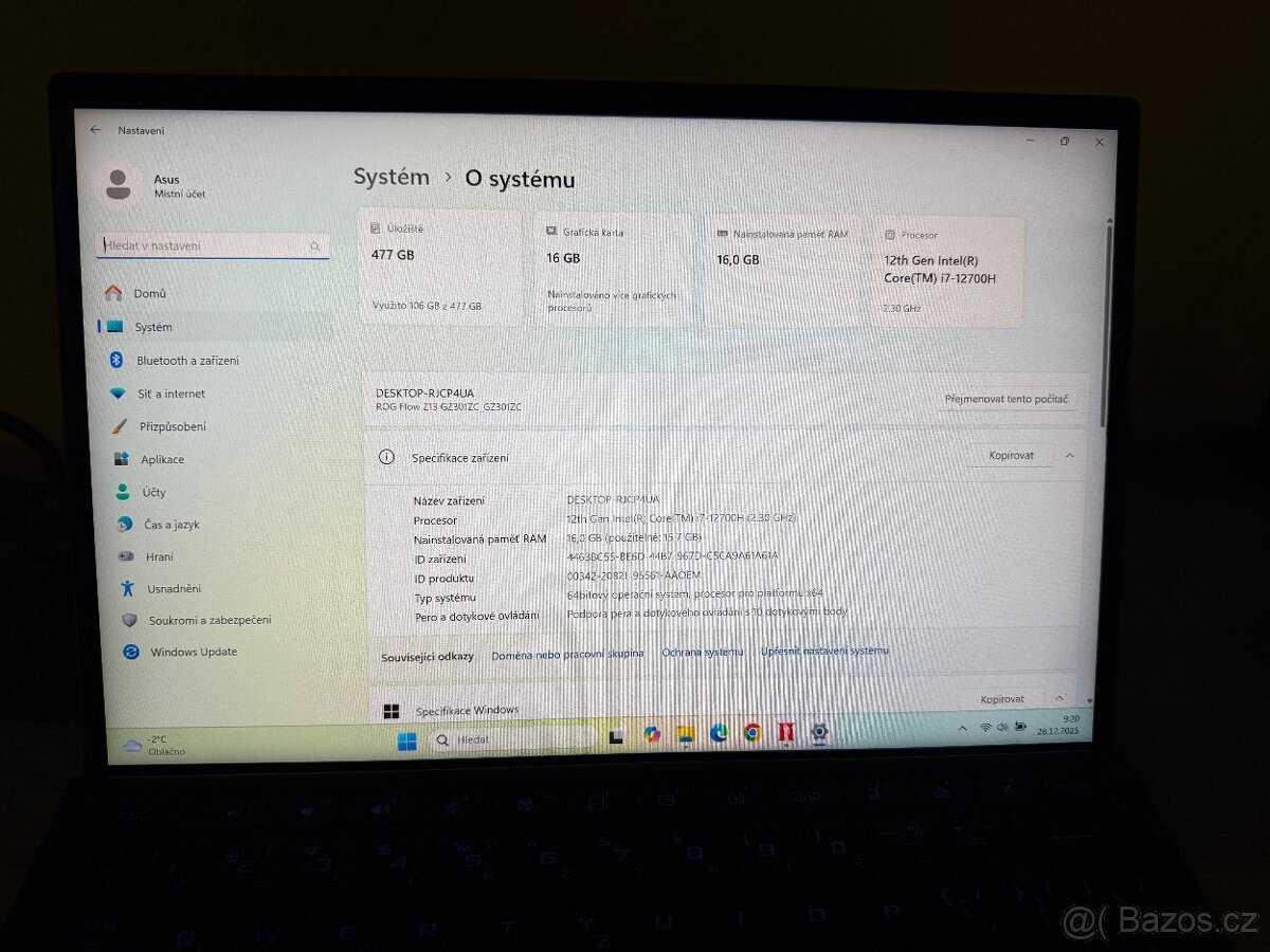 Asus Rog Flow z13 i7 12th. , rtx 3080 8gb záruka - 2