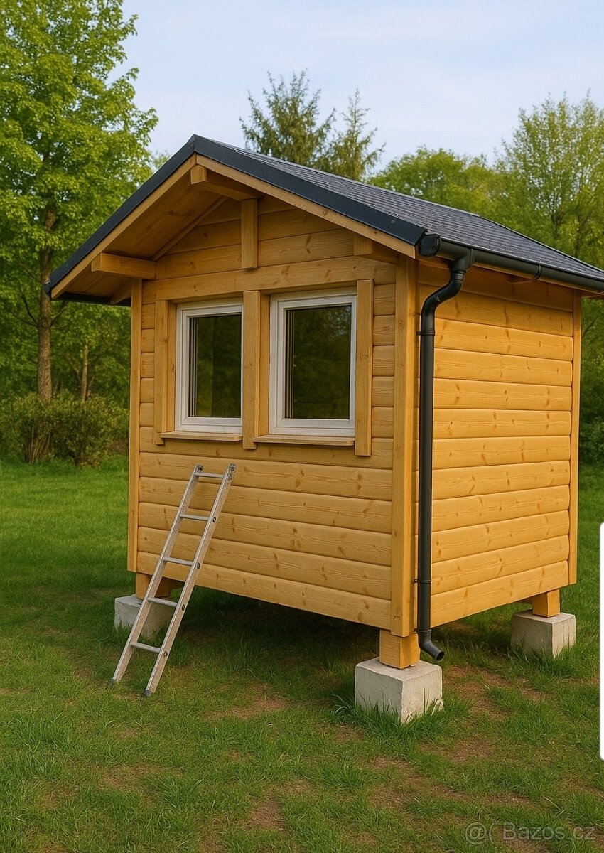 Mobilní dřevěný domek 2,5 × 2,5 m – pojízdný, nový - 2