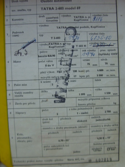 Tatra 603 - technický průkaz - 2