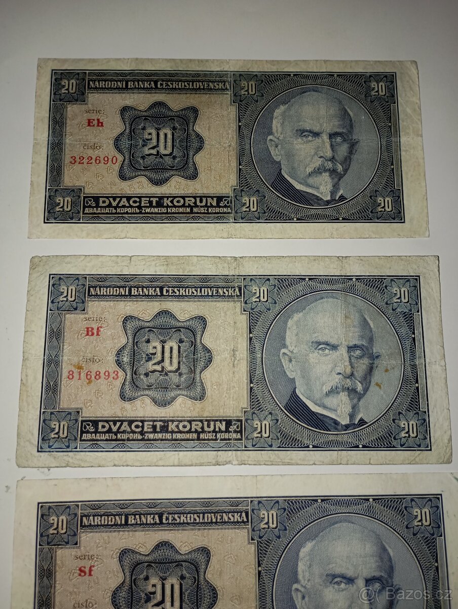 BANKOVKY 20 KČS 1926, NEPERFOROVANÉ, RŮZNÉ SÉRIE - 2