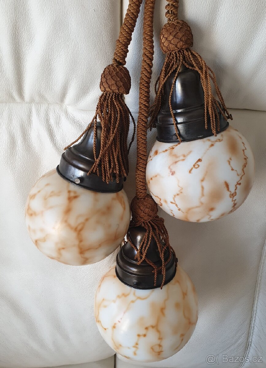 Starožitný lustr art deco na provazu béžové koule - 2