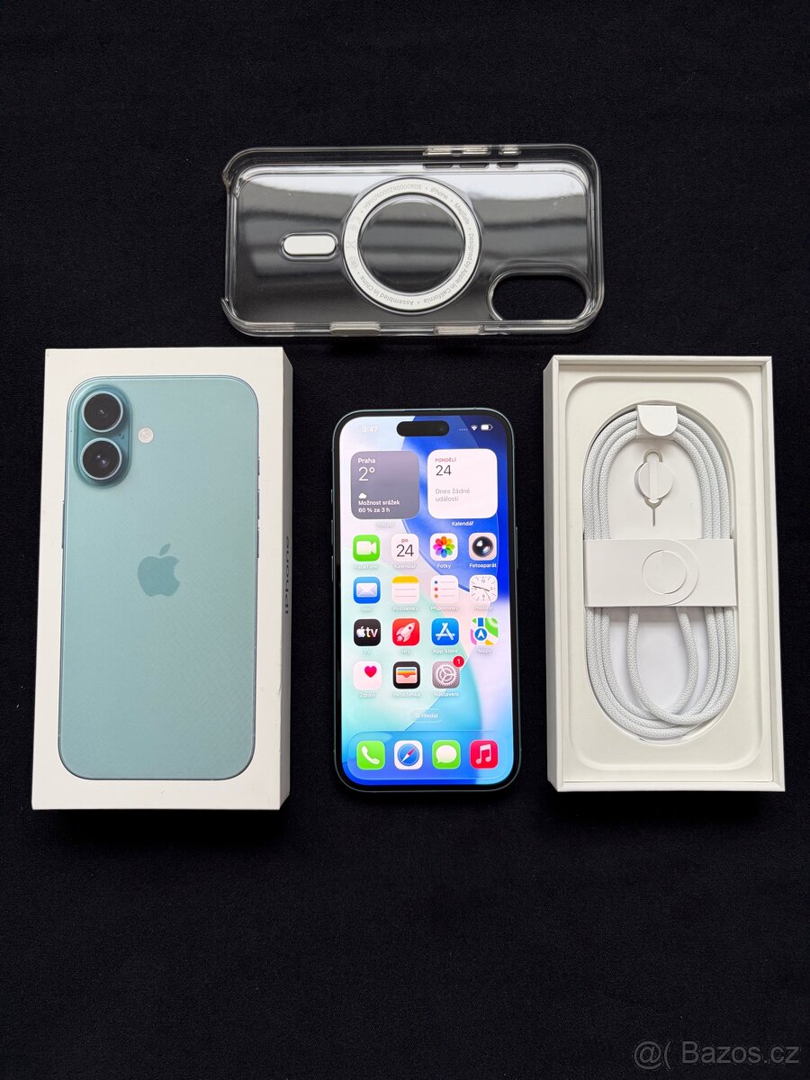 Prodám iPhone 16, 128GB, modrozelený, záruka do 20. 9. 2026 - 2