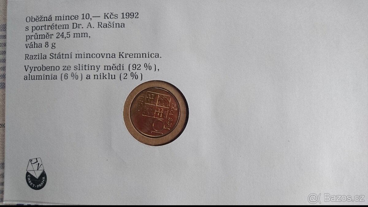 Mincovní dopis Dr.A.Rašín 10 Kč 1992 výhodně - 2