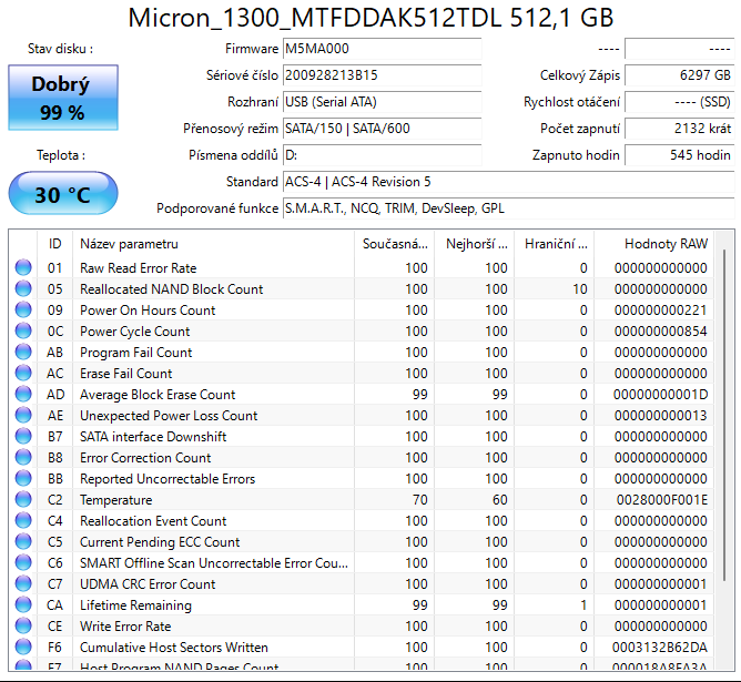 2,5" SATA SSD 512 GB MICRON 1300 (STAV 99%) - 2