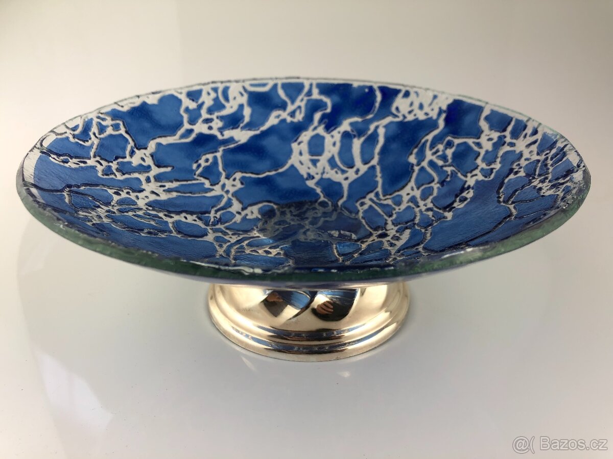 Modrá skleněná umělecká mísa na kovovém podstavci (NP012) - 2