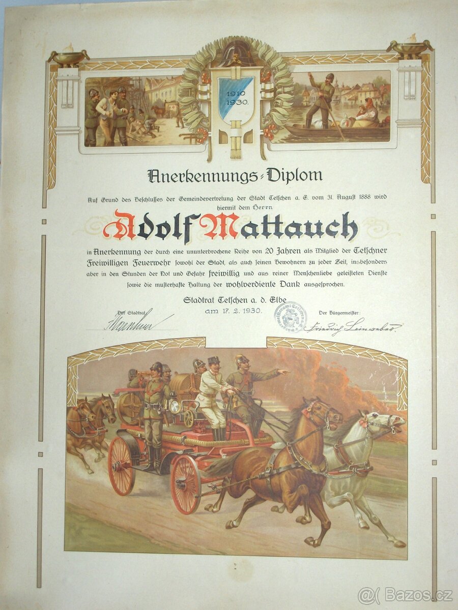 Hasičský diplom originál 1930 60x47 cm - 2