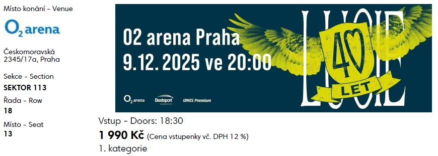 Lucie - 40 let - 2 vstupenky sektor 113 - 2