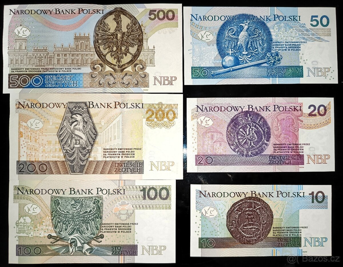 Sada 10 - 500 zlotych Polsko 2012 - 2017 UNC Pick #184 - 190 - 2