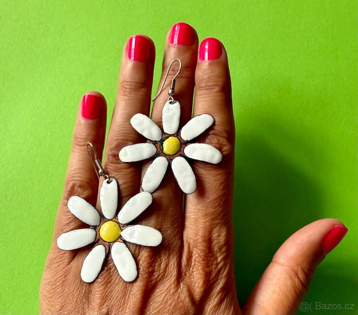 Nádherné orig. smaltované náušnice kopretiny, sleva. - 2