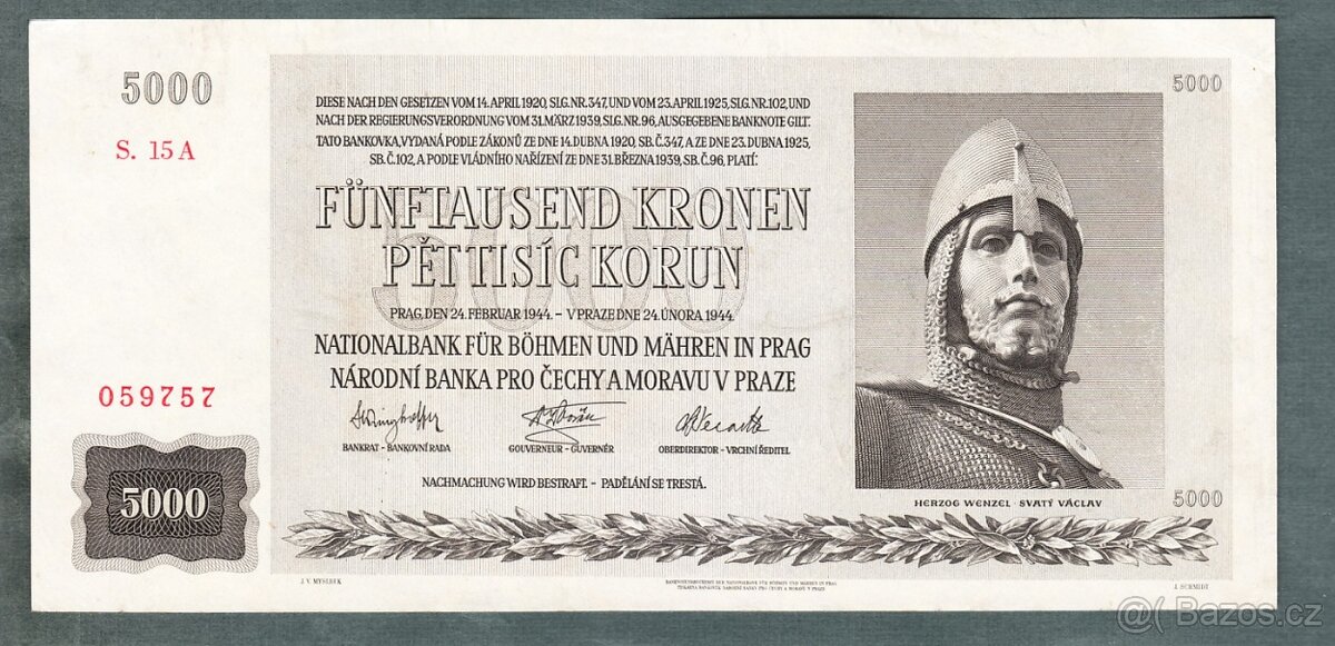 Staré bankovky 5000 korun 1944 NEPERFOROVANA, VZÁCNÁ - 2