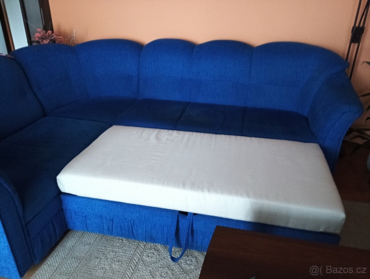 Rohová sedací souprava, levá + dva taburety, modrá - 2