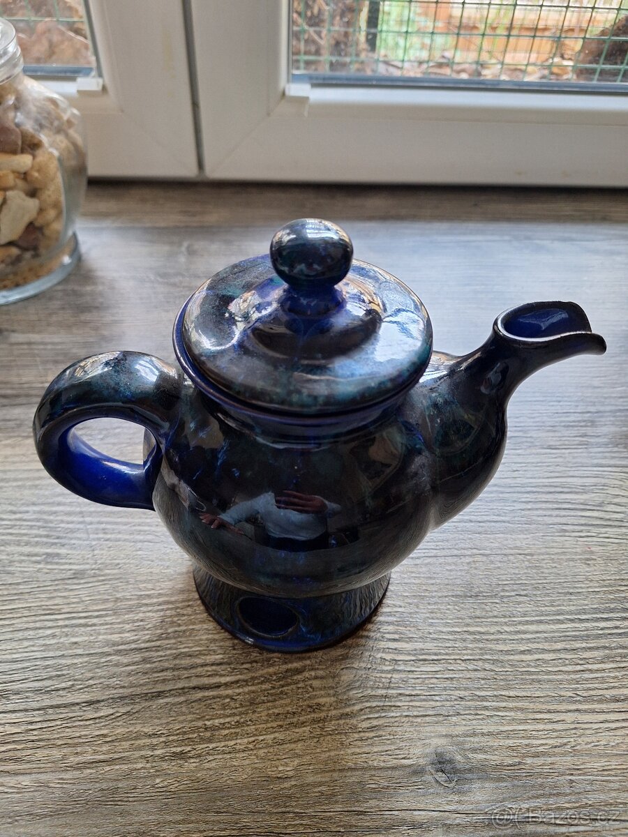 Čajová konvička s cedníkem, ohřívačem a hrnečkem, keramika - 2
