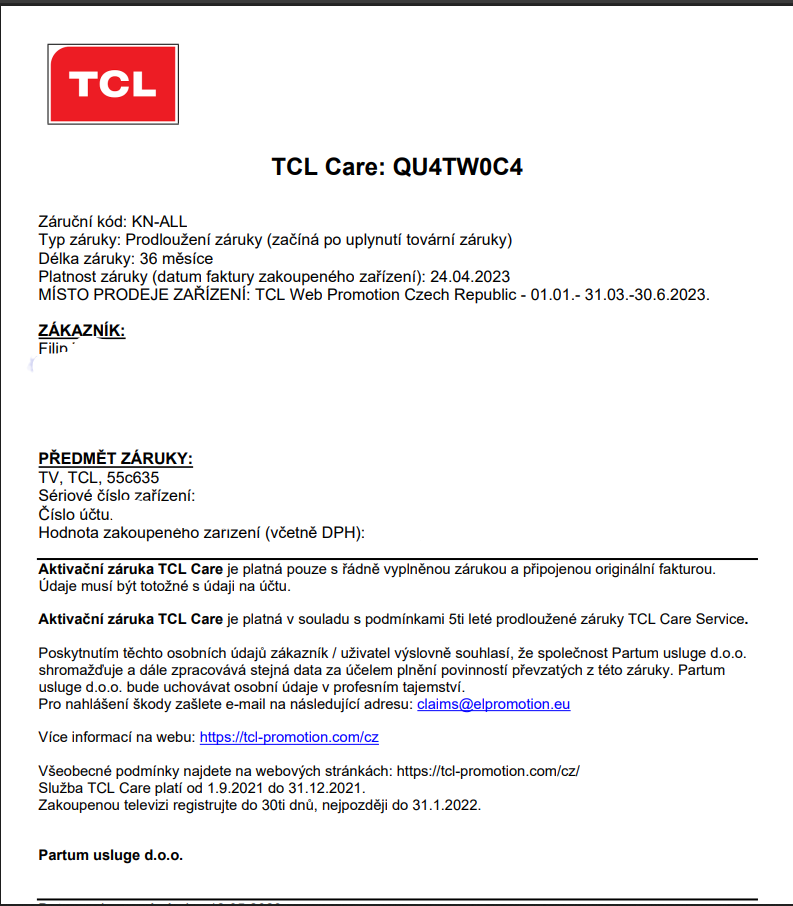 TCL 55C635+5 let záruky. - 2